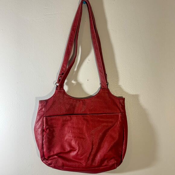 Vintage Red Pebbled Leather Slouchy Hobo Bag | Silver Hardware & Shoulder Straps - Picture 5 of 7